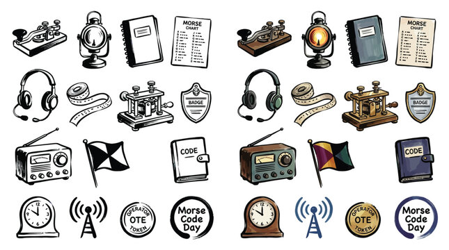 Collection of vintage communication and Morse code related icons and illustrations.