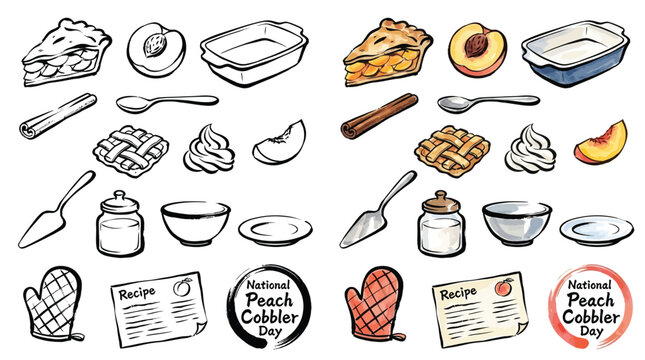 Collection of hand-drawn illustrations depicting ingredients and elements for making a delicious peach cobbler, including fruit, pastry, and baking tools.