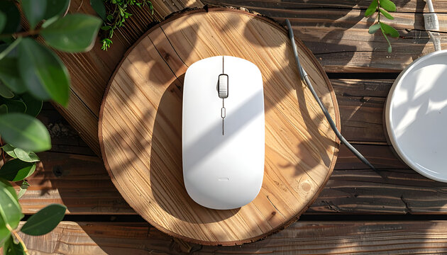 White wireless mouse on wooden slice with natural sunlight and plant leaves for clean tech and modern workspace design