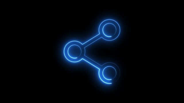 Glowing neon blue share icon on black background connected nodes symbol representing sharing, connection, and digital networking. 4k video