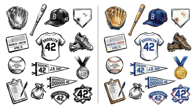 Collection of baseball equipment and memorabilia, both in sketch and color versions, celebrating the sport and its history.