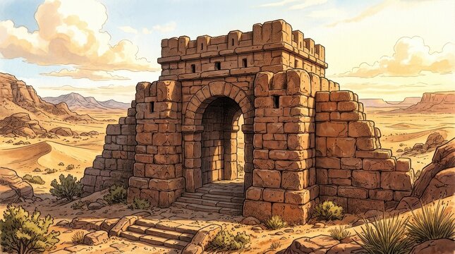 Ancient stone gate with arched entrance in desert landscape