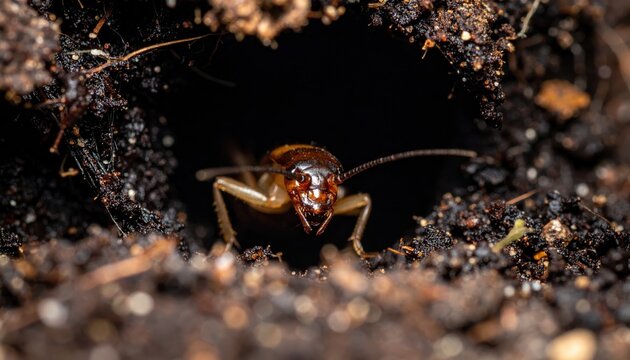 Close up of an earwig insect exploring a dark, damp soil crevice, captured with handheld camera detail