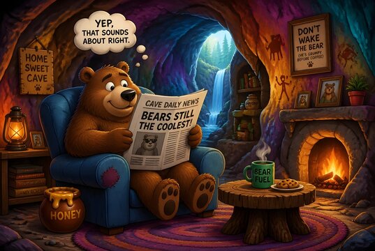 Cartoon bear reading newspaper in cozy cave with warm lighting