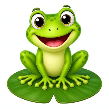 Cute cartoon frog sitting on a lily pad with a happy expression