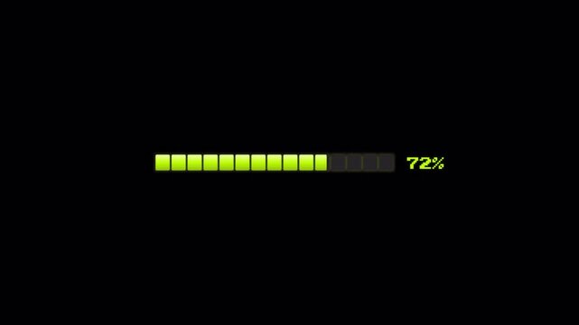 Segmented lime green status bar visualizing digital data transfer or software installation progress for tech interface mockups 4k video