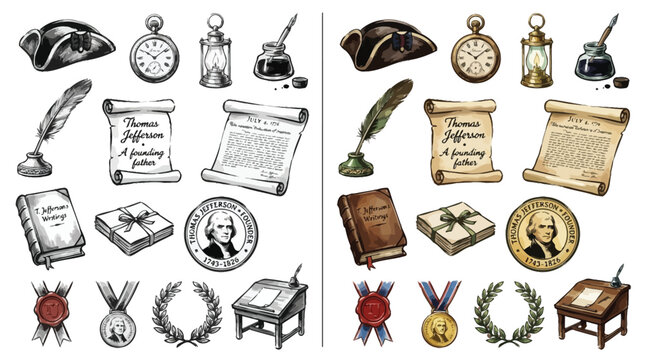 Collection of historical American Revolution and founding father symbols, including documents, writing tools, and medals.