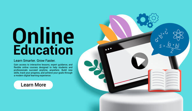 Online Education Clipart Banner. Modern E-learning concept for online courses, distance learning, virtual classrooms, remote education, digital study, webinars, educational technology and online 