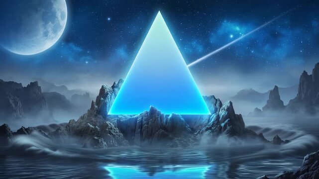 Glowing blue pyramid shape floating above rocky mountains in a surreal night landscape with a bright moon and shooting star 4k video