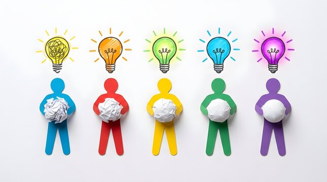 Row of colorful paper figures holding and evolving lightbulbs symbolizing the process of finding innovative solutions