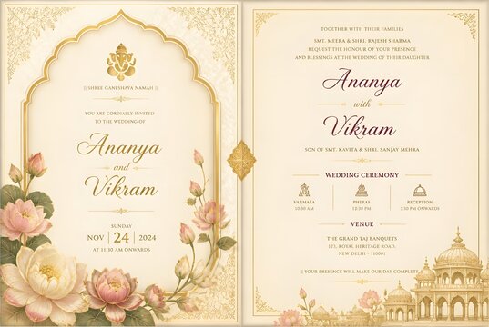Elegant floral wedding invitation with traditional Indian motifs