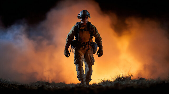 Firefighter silhouette flame smoke night operation helmet emergency firefighter silhouette walking before flame and smoke