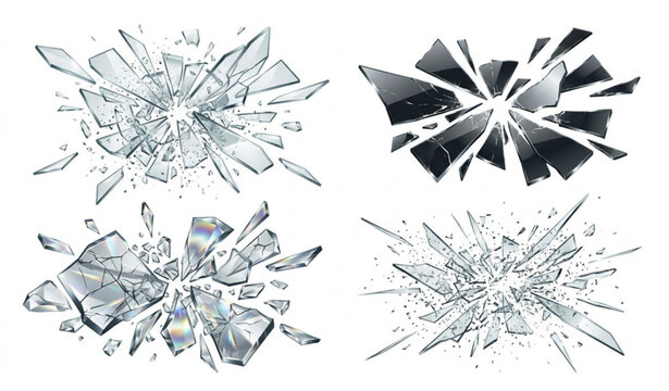 Realistic broken glass shards set with transparent mirror fragments and explosive crystal debris vector illustration isolated on white background