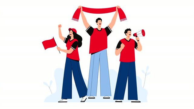 Editorial vector animation of football supporters celebrating victory with flags, scarves, and a megaphone. Modern flat character motion graphics for sports, soccer, and fan culture.