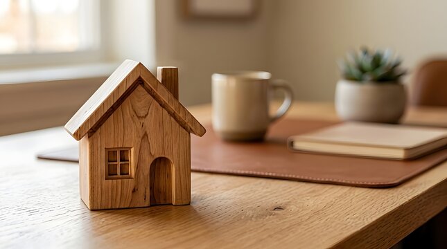 Small wooden house model resting on modern desk with coffee mug symbolizing comfortable property ownership and real estate finance