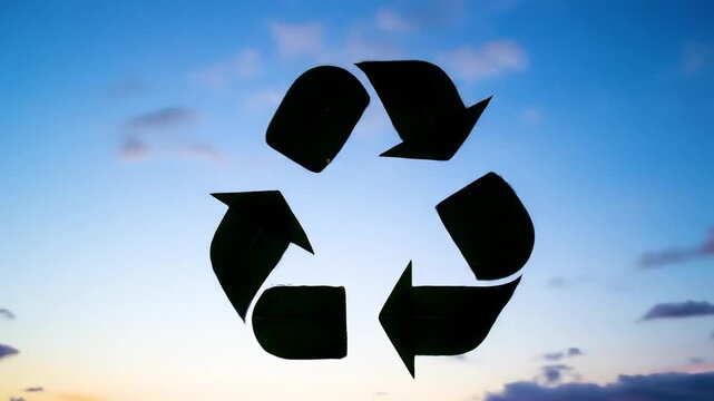 Black recycling symbol prominently displayed against a soft blue sky with scattered clouds, representing environmental conservation and sustainability