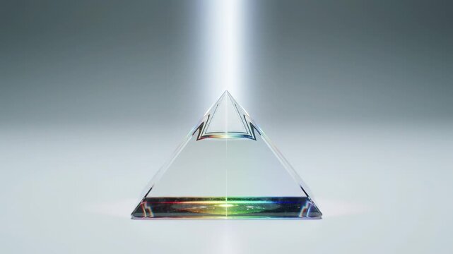 Clear glass pyramid refracts bright white light into a spectrum of rainbow colors, science and optics concept, abstract background