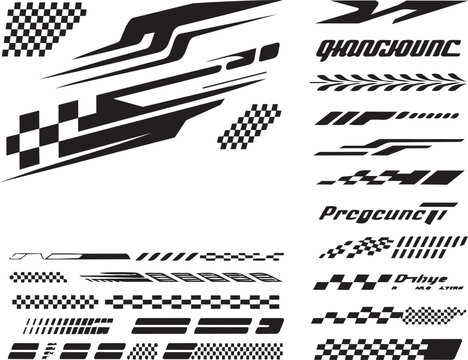 racing stripe vector set, race car vector, checkered flag designs, racing stripe speed, decal patterns, dynamic lines, competition, automotive graphics, black and white finish line motorsport