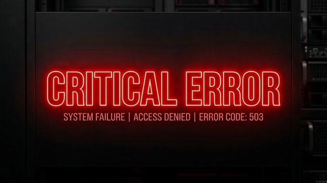 Critical error text in red neon style with system failure and access denied message.