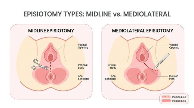 Two types of episiotomy procedures used in childbirth. The midline and mediolateral techniques are displayed with details.