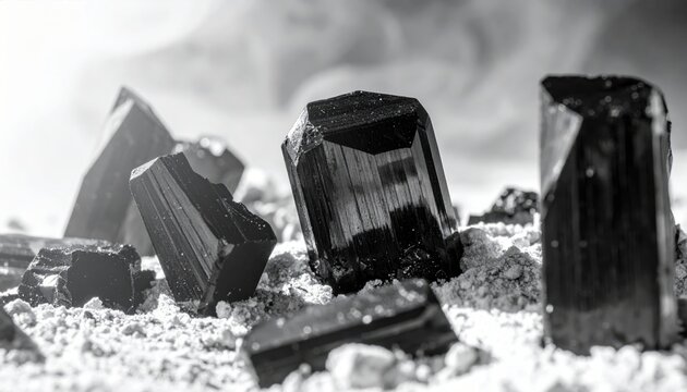 Sharp Black Obsidian Crystals Scattered on Textured Ground