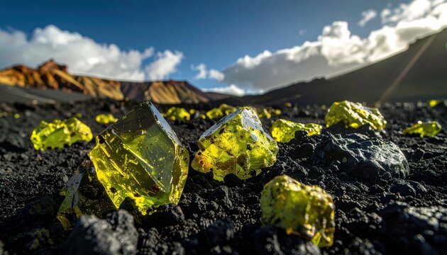Rough, unpolished peridot gemstones with characteristic olive green color set in dark, rocky terrain under a dramatic sky