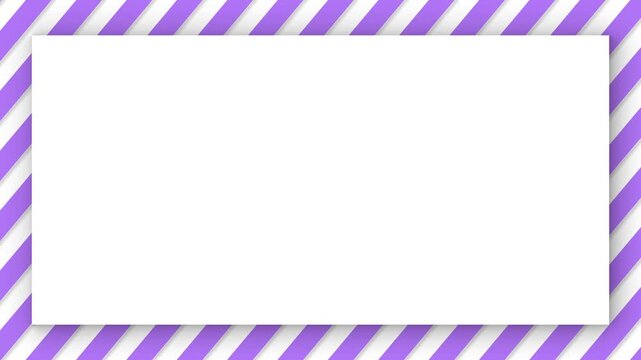 Abstract white rectangle frame centered on moving purple and white diagonal stripes pattern background for motion graphic, moving diagonal purple stripes with centered white frame