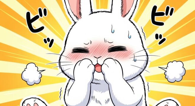 Cute cartoon white rabbit with blushing cheeks and steam from nose.