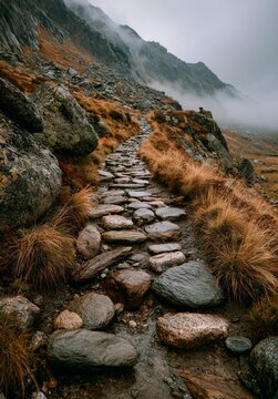 Atmospheric smartphone photo capturing a scenic mountain trail during a journey, featuring a winding rocky path with warm custom toning and a natural amateur travel photography aesthetic.