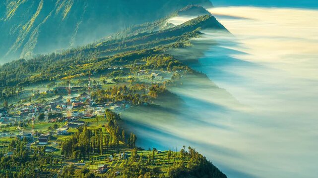 Cemoro lawang village at sunrise near mount Bromo in Bromo tengger semeru national park, East Java, Indonesia.