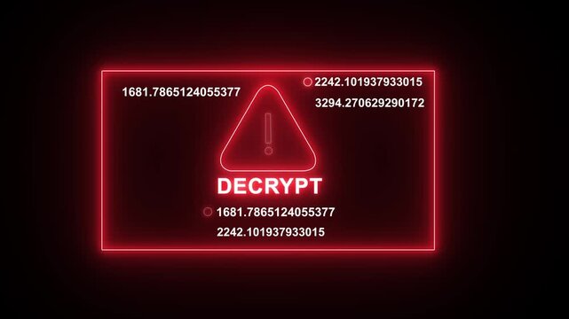 Cyber security decrypt warning interface with glowing red neon warning triangle symbol and rapidly changing numerical data streams for futuristic digital technology and advanced network protection