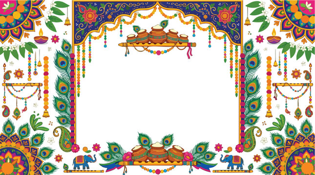 Vibrant Indian festival border with peacock feathers, pots, and diya lamps for cultural celebration