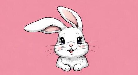 Fototapeta premium Cute White Bunny Rabbit Illustration with Pink Background.