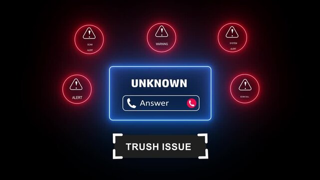 Cyber security threat alert interface featuring unknown incoming call notification with glowing red warning and system error message for digital network protection and online privacy defense concepts