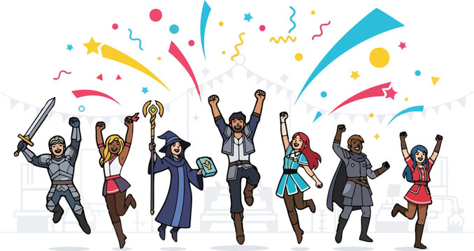 Fantasy RPG characters celebrating victory, diverse group of adventurers jumping with confetti, heroic party winning game quest vector illustration