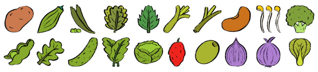 Vegetables icons doodle hand drawn, healthy food organic greens farm harvest plant vegan sketch ink drawing, colorful grocery menu illustration vector set © Ydzv Dsgn