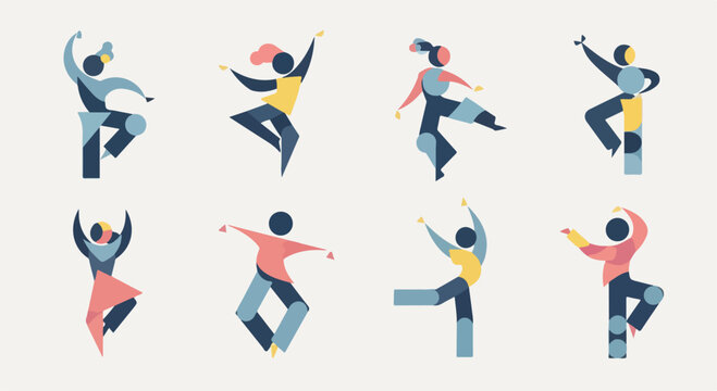 Abstract geometric dancing people set, minimalist flat vector characters in motion, modern stylized dancers collection for creative branding