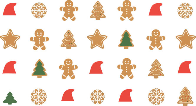 Minimalist Christmas Seamless Pattern Featuring Gingerbread Cookies Snowflakes and Santa Hats in a Clean Grid Layout on White Background