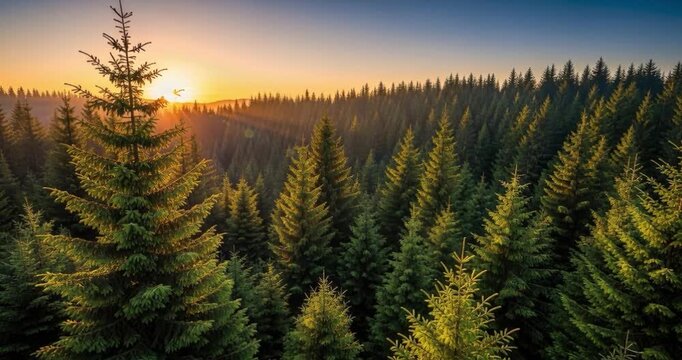Forest landscape with sunlight and evergreen trees at sunset