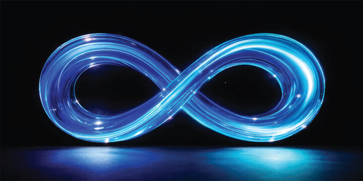 Abstract glowing 3D blue infinity neon sign with endless loop wave motion and digital abstract design background