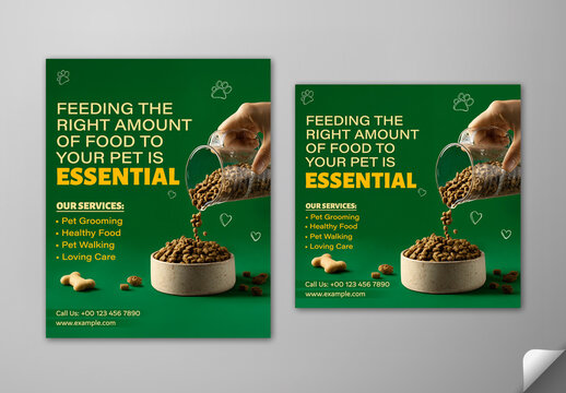 Editable Healthy Pet Food and Care Services Promotional Social Media Post Set with Green Background.