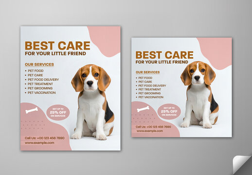 Editable Complete Pet Care Services Marketing Social Media Post Set with 25 Percent Discount Offer for Pet Health Grooming and Nutrition Care.