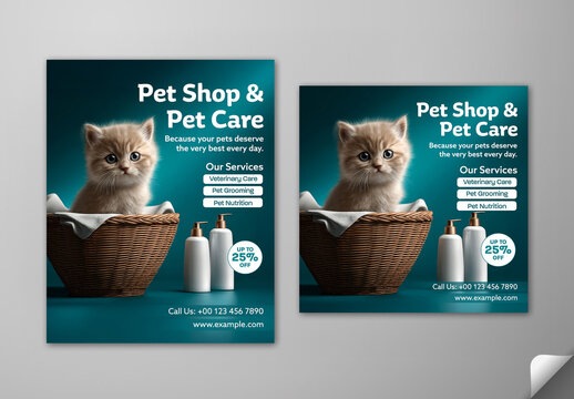 Editable Pet Shop and Pet Care Social Media Post Set in Teal Color with Cute Kitten in Wicker Basket and Shampoo Bottles.