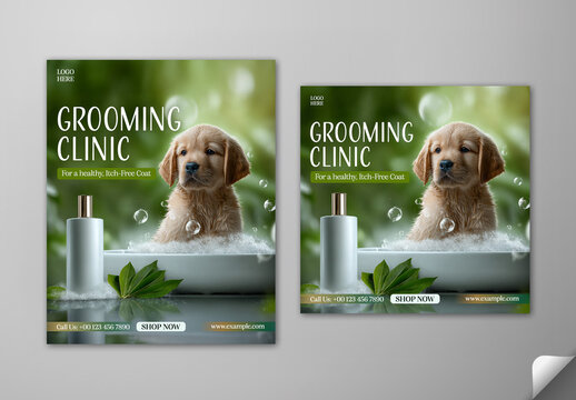 Editable Pet Grooming Clinic Social Media Post Template Set with Cute Wet Golden Retriever Puppy in Bath Tub Photo.
