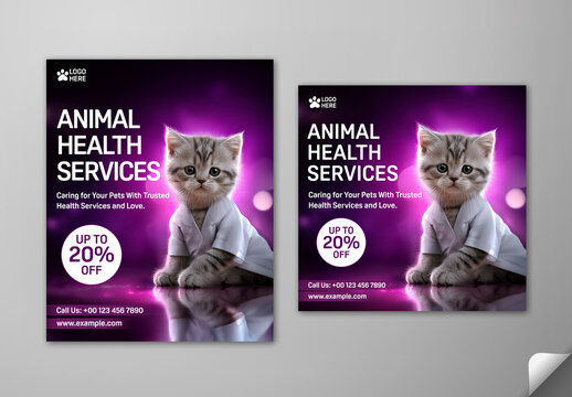 Editable Animal Health Services Social Media Post Template Set with Cute Kitten Wearing Doctor Coat on Purple Background.