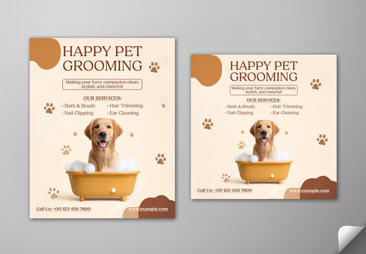 Editable Pet Grooming Service Social Media Post Template Set with Cute Golden Retriever Dog in Bathtub.