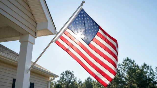 American flag outdoor patriotic us garden house porch pole waving breeze sunny day suburb home pride freedom. 4th july independence. american flag backyard community, peaceful freedom democracy