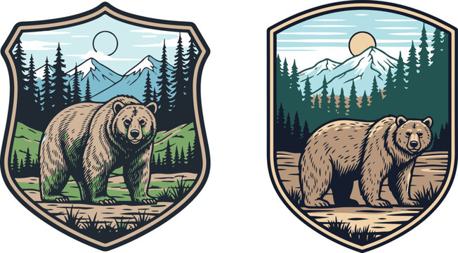 Grizzly bear mountain badges vector illustration with forest landscape and snow peaks for outdoor adventure and camping apparel design