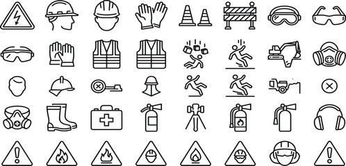 Fototapeta premium Construction Safety and Protective Equipment Line Icon Set Featuring Hard Hats, Warning Signs, PPE Gear and Workplace Hazard Symbols