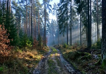 Obraz premium Amateur snapshot of a path winding through a lush summer forest. Bright green foliage surrounds the trail, capturing a simple, peaceful moment of a walk in the woods on a warm, sunny day.